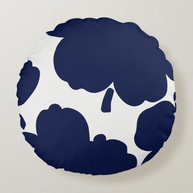 Monochrome Bloom Navy Rundes Kissen (Vorderseite)