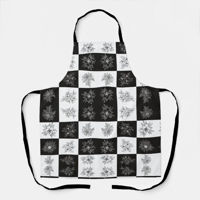 Monochrome Blumen und Schachbrettmuster Schürze (Vorderseite)