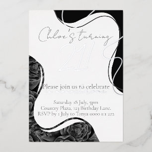 Monochrome Blumen und Silberfolie Geburtstag Folieneinladung