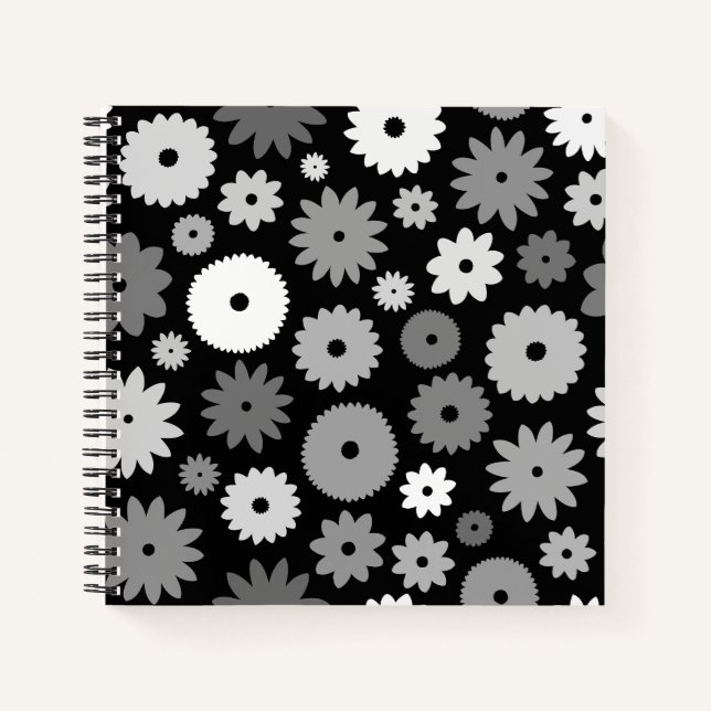 Monochrome Blüten großes Muster Notizbuch (Vorderseite)