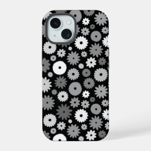 Monochrome Blüten Wiederholungsmuster iPhone 15 Hülle