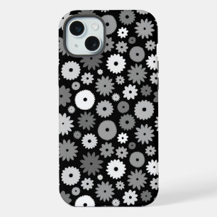 Monochrome Blüten Wiederholungsmuster iPhone 15 Plus Hülle