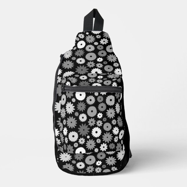 Monochrome Blütenmuster Crossbody Bag (Vorderseite)