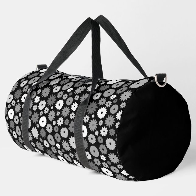 Monochrome Blütenmuster Duffle Bag (Linke Ecke)