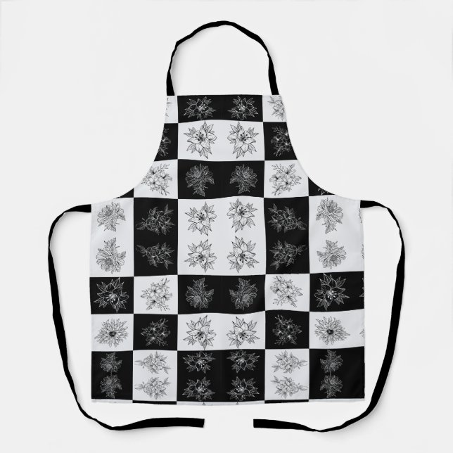 Monochrome Checkerboard-Blume Elegantes Muster Schürze (Vorderseite)