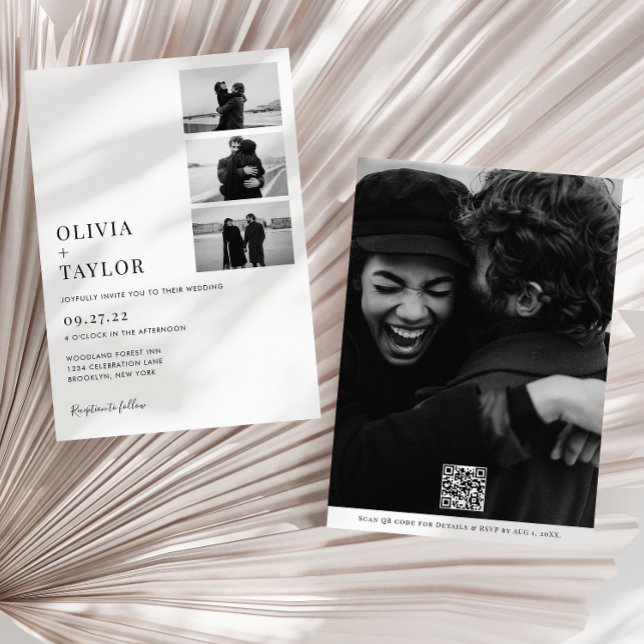 Monochrome Classic Foto Collage QR Code Hochzeit Einladung (Von Creator hochgeladen)