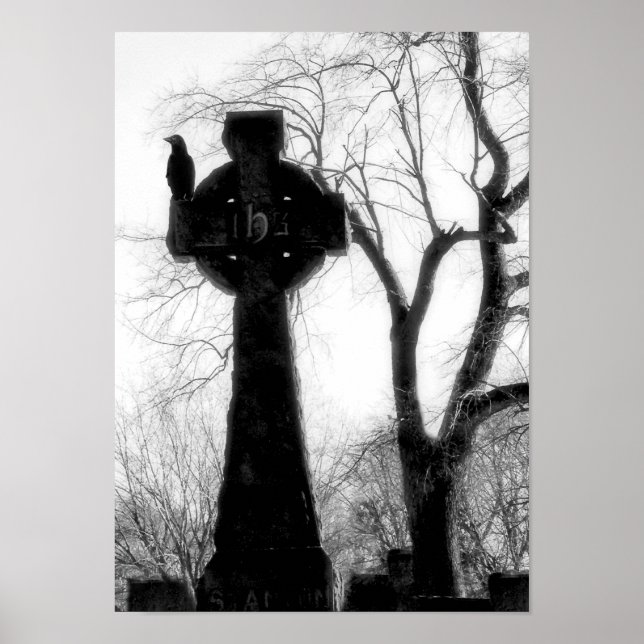 Monochrome Crow auf keltischem Kreuz Poster (Vorne)