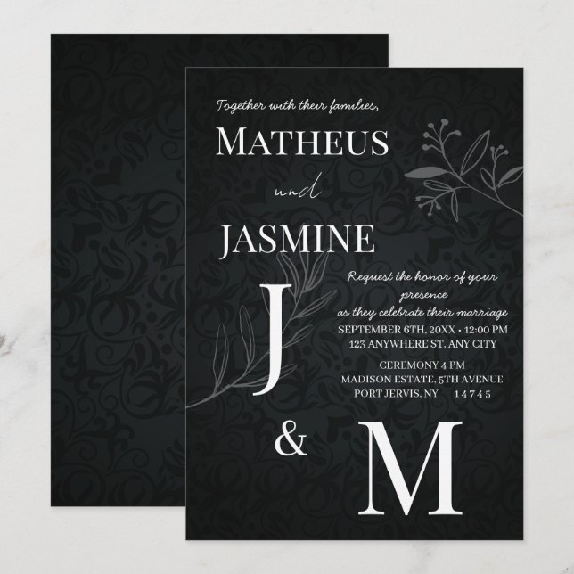 Monochrome Deutsche Und Script Hochzeit  Einladung (Vorne/Hinten)