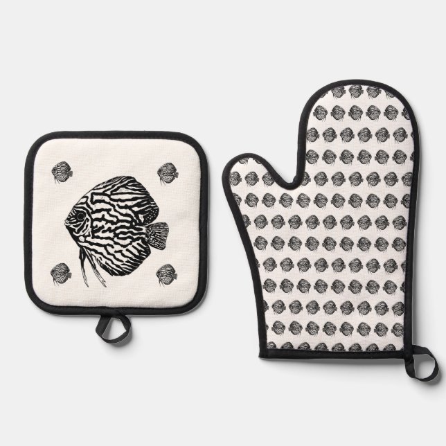 Monochrome Fischschürze Ofenhandschuh & Topflappen-Set (Vorderseite)