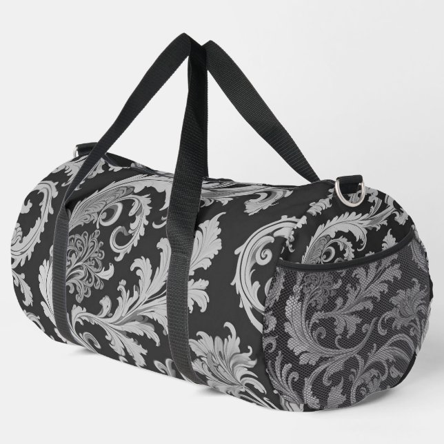 Monochrome Fleur Antique Muster Duffle Bag (Rechte Ecke)