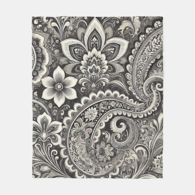 Monochrome Floral Paisley Black & White Fleecedecke (Vorderseite)