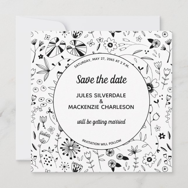 Monochrome freie Blume Save the Date Einladung (Vorderseite)