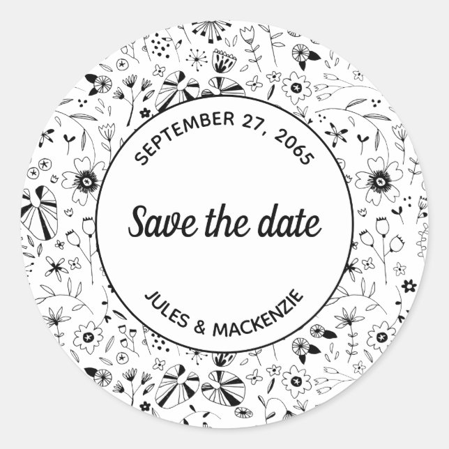 Monochrome freie Blume Save the Date Runder Aufkleber (Vorderseite)