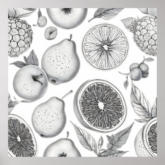 Monochrome Fruit Pattern with Botanical Elements Poster