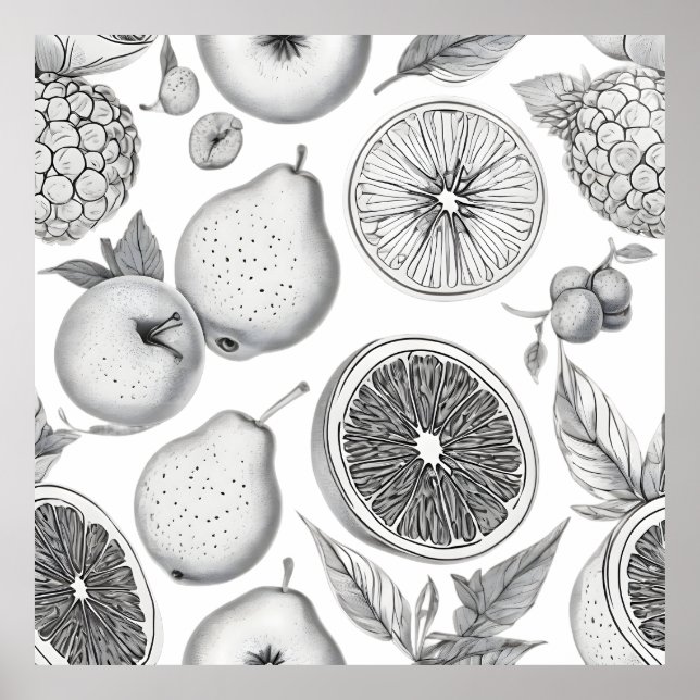 Monochrome Fruit Pattern with Botanical Elements Poster (Vorne)