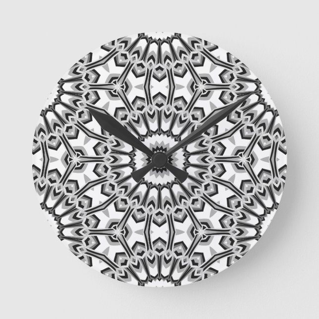 Monochrome Geometric Mandala Bloom Runde Wanduhr (Vorderseite)