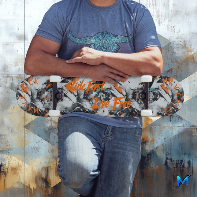 Monochrome Graffiti & Orange 'Ride Fast Live Free' Skateboard (Von Creator hochgeladen)