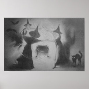 Monochrome Hexenfledermaus Nacht Kessel Schwarze K Poster