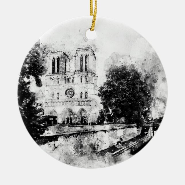 Monochrome Illustration der Kathedrale Notre-Dame Keramik Ornament (Vorne)