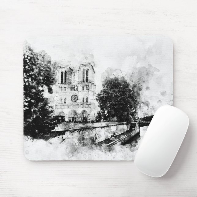 Monochrome Illustration der Kathedrale Notre-Dame Mousepad (Mit Mouse)