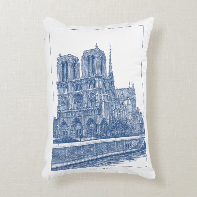 Monochrome Indigo Blue Retro Notre Dame de Paris Dekokissen (Vorderseite(Vertikal))