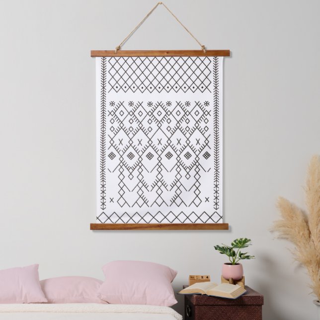 Monochrome Kilim: marokkanische Tribal Texture Art Wandteppich Mit Holzrahmen (Schlafzimmer)