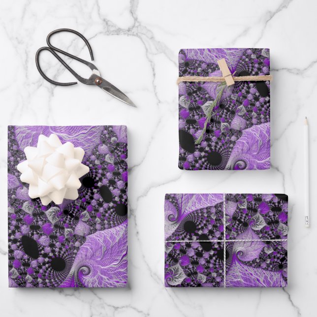 Monochrome Lila Fraktal Art Geschenkpapier Set (Vorderseite)