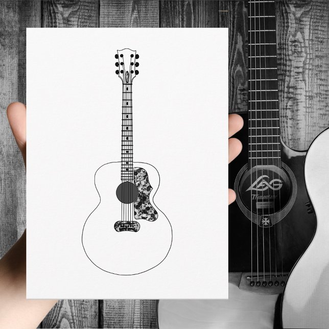Monochrome Linie zeichnend akustische Gitarrenmusi Postkarte (Simple acoustic guitar black and white line art drawing greetings postcard guitarist musician )