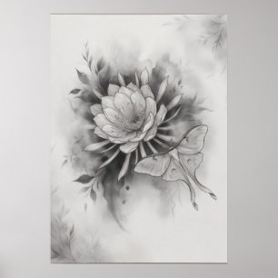 Monochrome Lotus Luna-Motte Botanikposter Poster