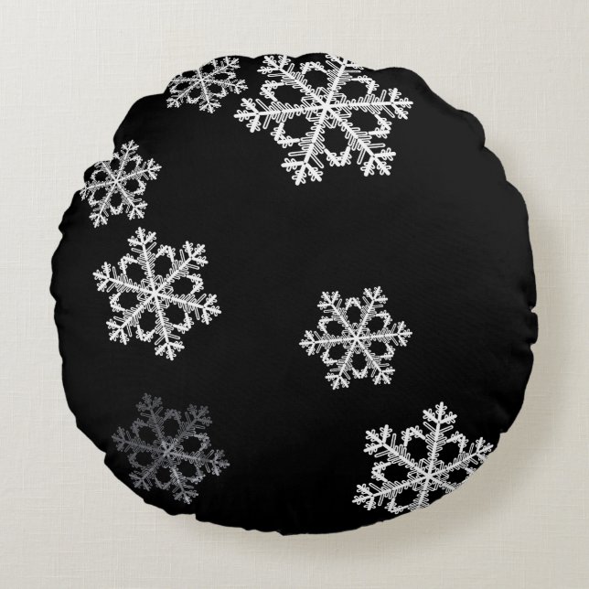 Monochrome Minimalistisch Snowflake Weihnachtsmust Rundes Kissen (Vorderseite)