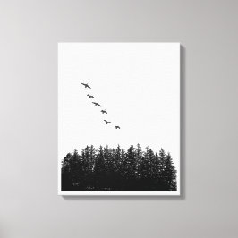 Monochrome Minimalistische Fliegengänse und Kiefer Leinwanddruck