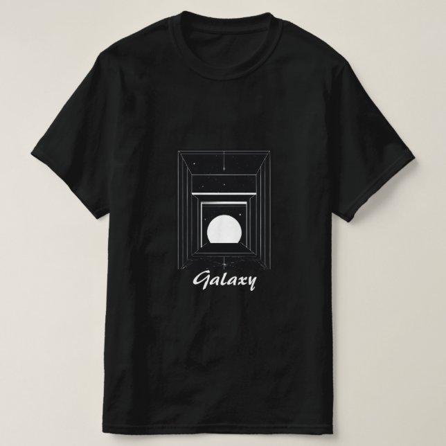 Monochrome Minimalistische Galaxie in Cube-Logo T-Shirt (Design vorne)