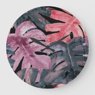 Monochrome Monstera: Watercolor Tropical Pattern. Große Wanduhr