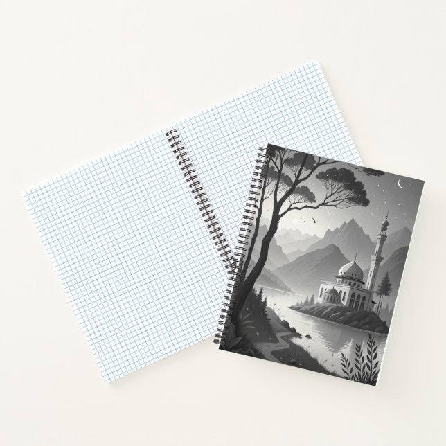 Monochrome Mosque Landscape with Mountain Lake Vie Notizbuch (Innenseite)