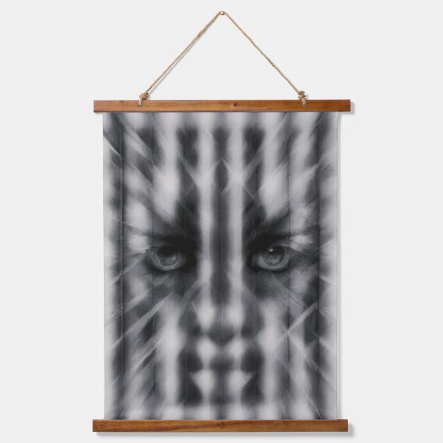 "Monochrome Mystery Abstrakte Gesichtshanganhänge" Wandteppich Mit Holzrahmen (Vorderseite)