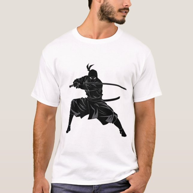 Monochrome Ninja Samurai Silhouette  T-Shirt (Vorderseite)