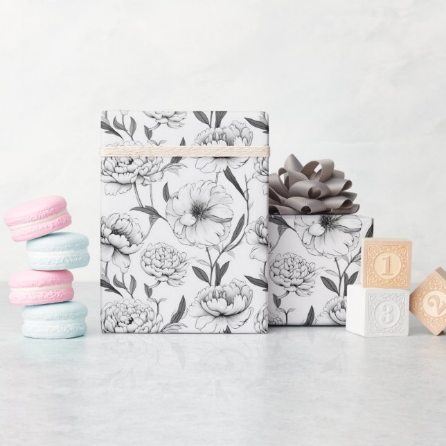 Monochrome Peony Blume Muster Geschenkpapier (Babyparty)