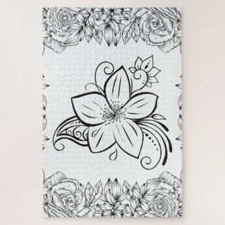 Monochrome Petal Grace – Minimalistischer Floralst Puzzle