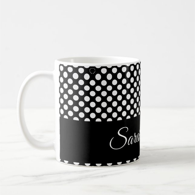 monochrome schwarz-weiße Polka-Punkte Kaffeetasse (Links)