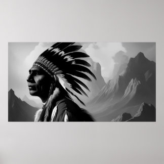 Monochrome Schwarzweiß-Amerikanische Ureinwohner Poster