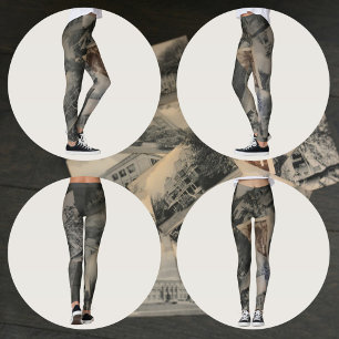 Monochrome Sepia-Vintage-Postkartenbilder in Grau Leggings