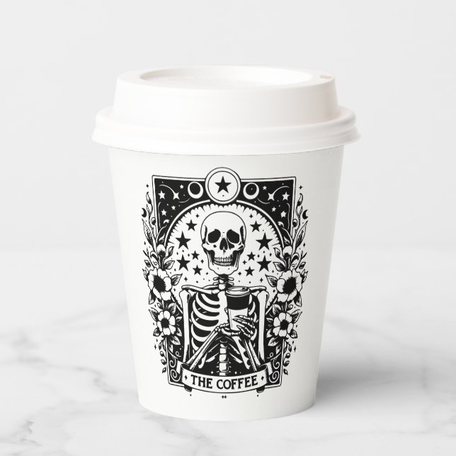 Monochrome Skeleton-Tarot-Karte "The Coffee" | Pappbecher (Vorderseite)