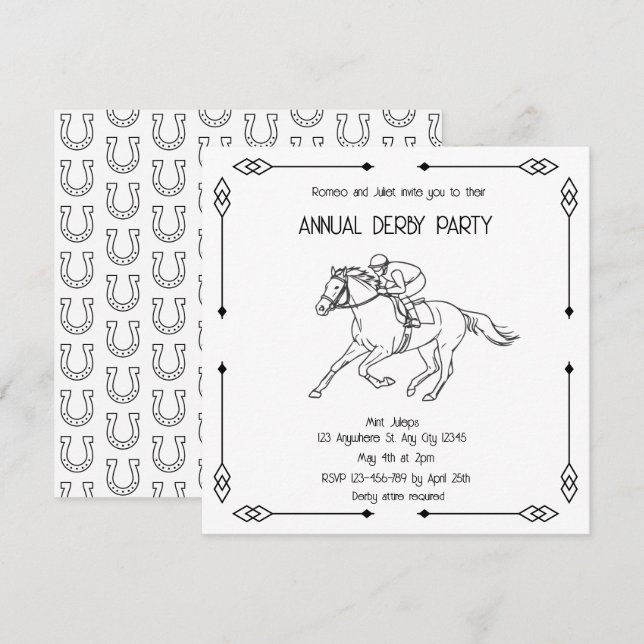 Monochrome Sketch Annual Derby Party Invitation Einladung (Vorne/Hinten)