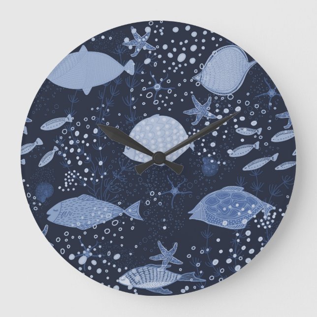 Monochrome sleeping fishes, dark pattern. große wanduhr (Vorderseite)