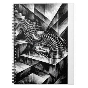 Monochrome Slinky fällt chromglänzende Stufen hinu Notizblock