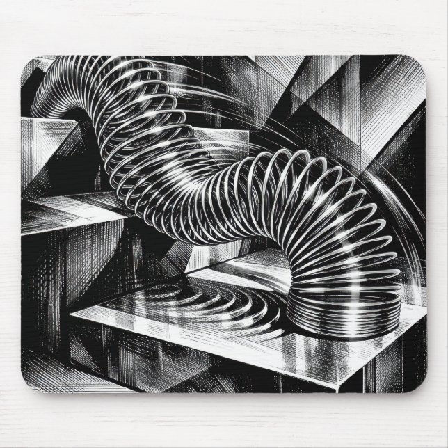 Monochrome Slinky fällt chromglänzende Treppe hinu Mousepad (Vorne)