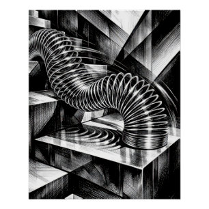 Monochrome Slinky fällt Chromtreppe hinunter Poster