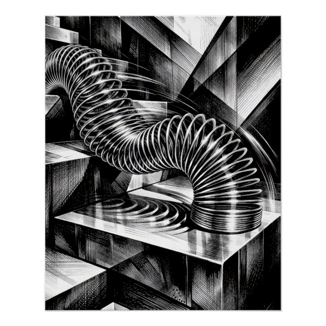 Monochrome Slinky Tumbling Down Chrome Steps Poster (Vorderseite)