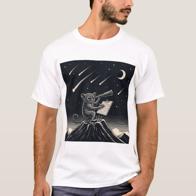 Monochrome Tarsier Astronomer - Night Sky Ai Art T-Shirt (Vorderseite)