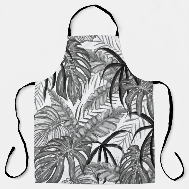 Monochrome Tropical Leaves Pattern | Elegant Black Schürze (Vorderseite)